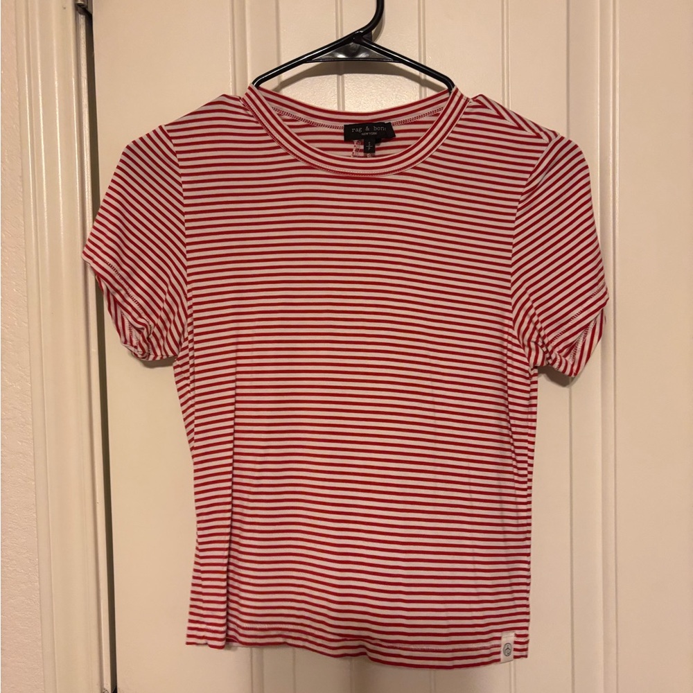 Rag & Bone Red and White Fitted Ribbed Short Sleeve Tee